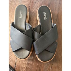 Michael Kors Black Leather Crisscross Espadrille Platform Slide Sandals Women 7M